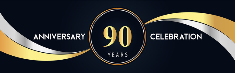 90 years anniversary celebration logo design with gold and silver creative shape on black pearl background. Premium design for poster, banner, weddings, birthday party, celebration event.