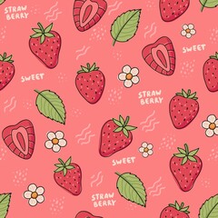 Strawberry pattern. Cute colorful strawberries with flowers and leaves in doodle style, illustration