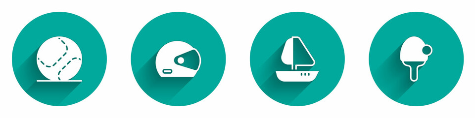 Set Baseball ball, Racing helmet, Yacht sailboat and Racket icon with long shadow. Vector