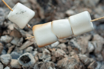 on wooden skewers over hot coals, a sweet marshmallow delicacy, popular in the USA for barbecue.