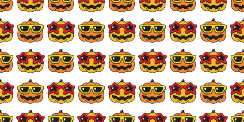 pumpkin Halloween seamless pattern sunglasses vector cartoon ghost scarf isolated tile background repeat wallpaper gift wrapping paper illustration symbol icon doodle design