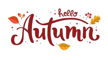 Autumn lettering with leaves. Handwritten brush calligraphy. illustration in flat style © Biscotto Design