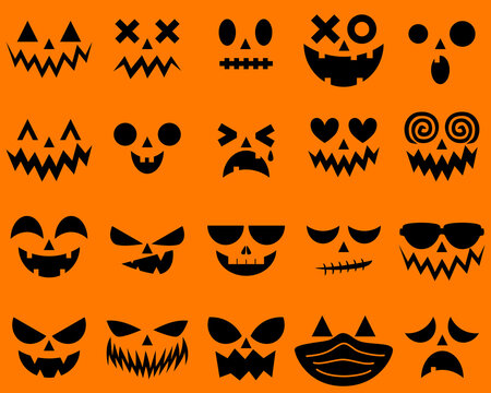 Happy Halloween emotional pumpkin faces silhouette collection fall season for spooky design, autumn ornament, home decoration, party background, wallpaper art, cute illustration, DIY craft, vector