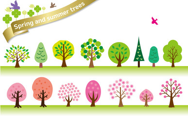 一列に並んだ春夏の木々のイラストセット