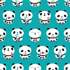 Naklejka premium Kawaii panda kids dental health care vector educational seamless pattern background. Cute cartoon bears with toothbrush, toothe paste, brushing teeth. Teddy bears and in gender neutral colors.