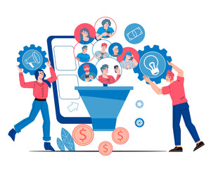 Sales funnel and SMM management work. SMM team increasing conversion rates and attracting followers and customers, generating new leads, flat vector illustration isolated on white background.