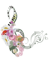 Abstract treble clef decorated with summer and spring flowers, palm leaves, notes, birds. Hand drawn musical vector illustration for t shirts, covers,  wallpaper, greeting cards, wall-art, invitations - 517637322