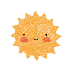 Cute Kawaii Style Nursery Vector Illustration with Big Yellow Sun made of Scribbles on a White Background. Lovely Simple Print with Happy Smiling Sun ideal for Card, Wall Art, Poster, Decoration.