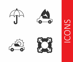 Set Lifebuoy, Umbrella, Car insurance and Burning car icon. Vector