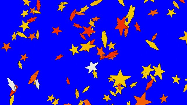 Toon yellow star objects on blue chroma key background.
3DCG confetti illustration for background.