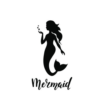 Mermaid  silhouette, hand drawn vector  illustration isolated on white, logo, t-shirt design. Vector illustration.