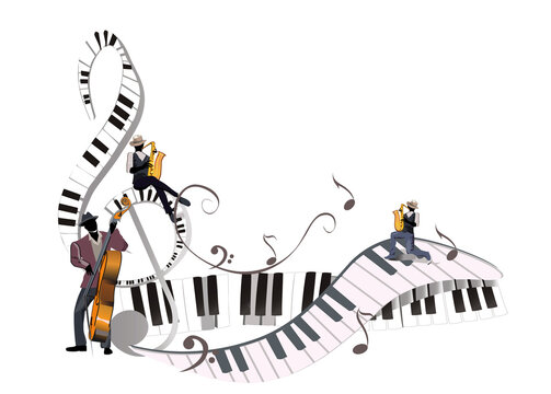  Abstract treble clef decorated with musicians and piano wave, decorated with musical notes. Hand drawn vector illustration.