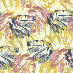 Abstract painterly graffiti spray paint style leaves seamless vector pattern background. Blue gold pink texture backdrop, overlapping layered outline foliage. Lino print effect botanical repeat