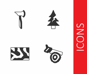 Set Hand saw and log, Wooden axe, beam and Tree icon. Vector