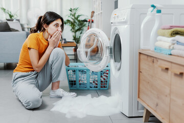 Broken washing machine at home - obrazy, fototapety, plakaty