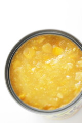 Canned food ingredient, sweetcorn cream in can with copy space shot from overhead 