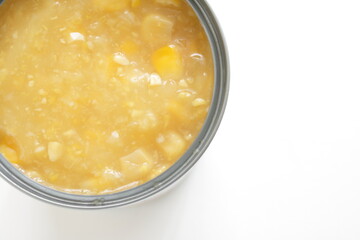 Canned food ingredient, sweetcorn cream in can with copy space shot from overhead 