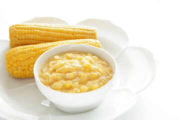 Sweetcorn paste in white bowl for cooking image 