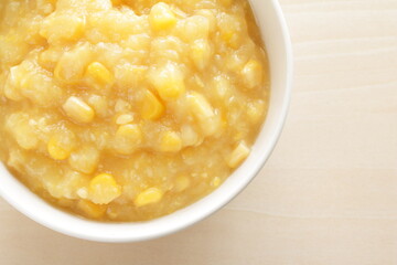 Sweetcorn paste in white bowl for cooking image 
