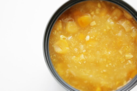 Canned Food Ingredient, Sweetcorn Cream In Can With Copy Space Shot From Overhead 