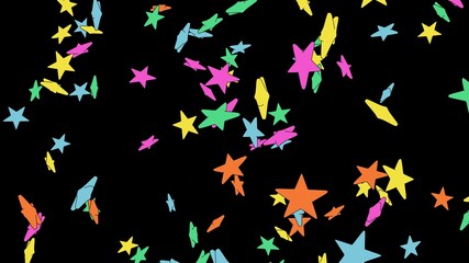 Toon colorful star objects on black background.
3DCG confetti illustration for background.