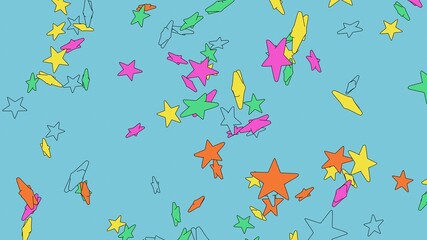 Toon colorful star objects on blue background.
3DCG confetti illustration for background.
