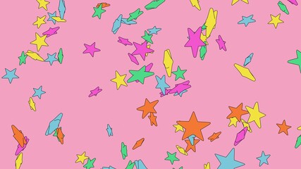 Fototapeta na wymiar Toon colorful star objects on pink background. 3DCG confetti illustration for background. 