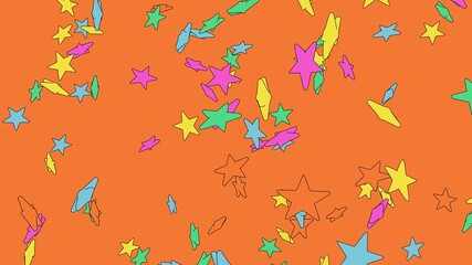 Toon colorful star objects on orange background.
3DCG confetti illustration for background.
