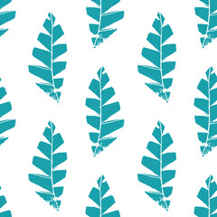 Mono print style leaves seamless vector pattern background. Textured cut out grunge foliage backdrop. Hand crafted painterly organic geometric design. Blue white duotone all over print for summer