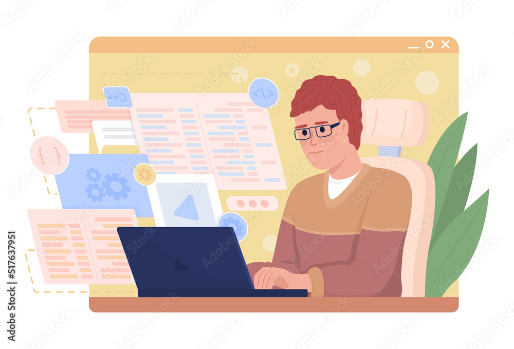 Poster software developer at work 2d vector isolated illustration. building software flat character on cart