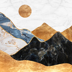 Gold mountain wallpaper design with landscape line arts, Golden luxury background design for cover, invitation background, packaging design, wall arts, fabric, and print.