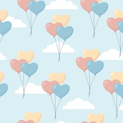 Fototapeta na wymiar Seamless cute vector pattern. Heart-shaped balloons. Balloons fly in the sky among. Vector illustration