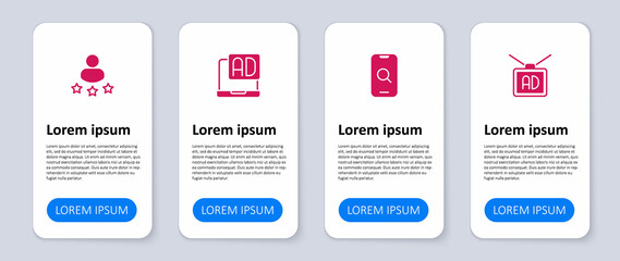 Set Advertising, Magnifying glass and mobile, and Consumer product rating. Business infographic template. Vector