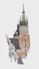 Original sketch drawing of old medieval church in Krakow, Poland.