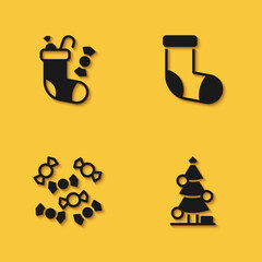 Set Christmas stocking, tree, Candy and icon with long shadow. Vector
