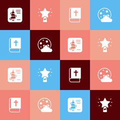 Set pop art Christmas postcard, star, Holy bible book and night icon. Vector