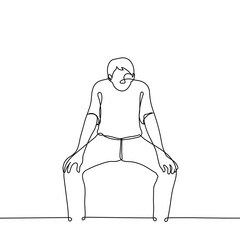 man squat with legs wide apart resting on knees with palms - one line drawing vector. concept crouch down to see; stretching or warming up for leg muscles