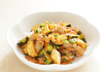 Korean food, zucchini and pork stir fried with Kimchi for comfort food image