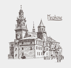 Original sketch drawing of old medieval church in Krakow with hand lettering inscription, Poland.
