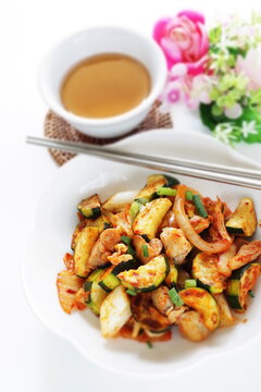 Korean food, zucchini and pork stir fried with Kimchi for comfort food image