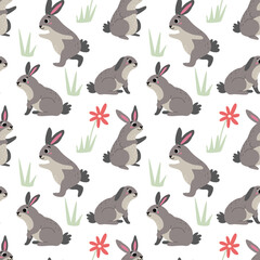 Seamless pattern with cute bunnies. Childish cartoon pattern. Vector.