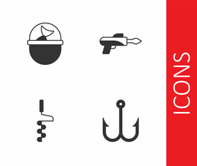 Set Fishing hook, bucket with fish, Hand ice drill and harpoon icon. Vector