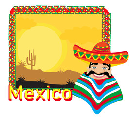 ornamental frame with smiling Mexican and desert landscape