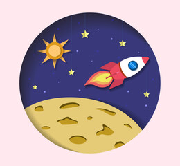 Rocket in space against the backdrop of the moon, sun and stars. Cute paper cut style vector illustration.