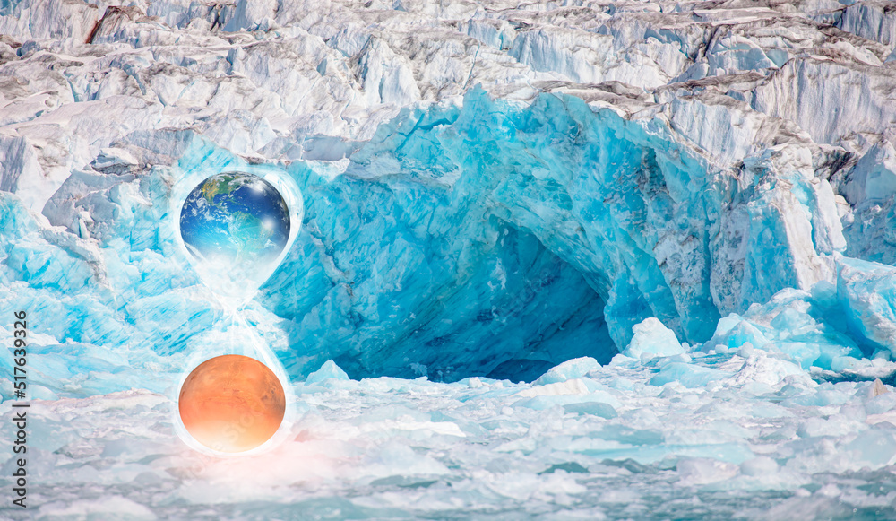 Poster global warming concept-planet earth is becoming a dead planet like mars - hourglass inside planet ea
