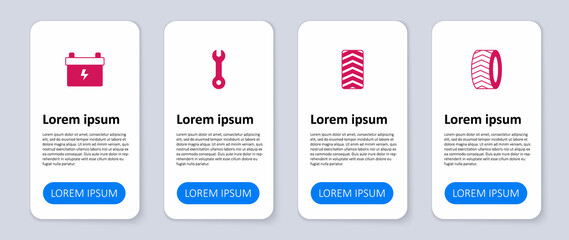 Set Car tire wheel, Wrench spanner and battery. Business infographic template. Vector