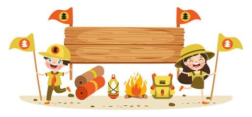 Cartoon Scouts With Wooden Signboard