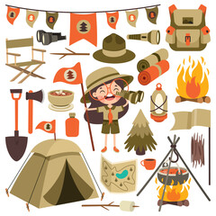 Cartoon Kid With Scouting Equipments - obrazy, fototapety, plakaty