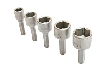 Set of interchangeable hexagonal sockets of different shapes and sizes for screwdriver or nut...