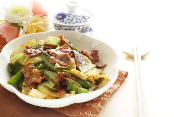 Chinese food, pork and cabbage stir fried green pepper and  black bean sauce with tea